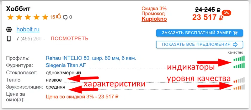 Фото: Предложение на Купиокно. Индикаторы отражают уровень качества комплектующих.
